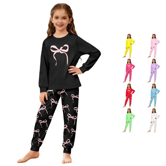 JAJAHO Girls Pajamas Set 2 Piece Soft Kids Loungewear Pjs Bow Print Long Sleeve Nightwear 3-14Y