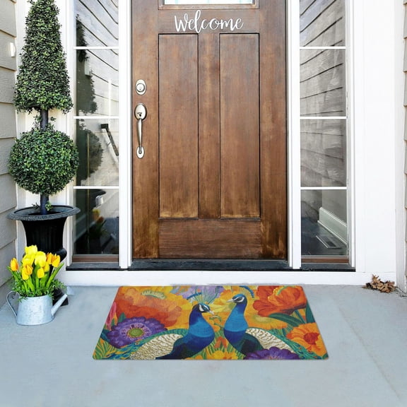 Two Peacocks Amid Flowers Doormats Welcome Mats Gate Pads Entryway Outdoor 32" x 20"