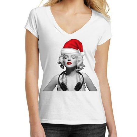 Marilyn Monroe Xmas Junior's Christmas Hat Marilyn Monroe Tee B10 PLY White V-Neck T-Shirt Medium ()