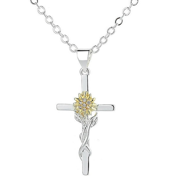 KAKOWELY Collar con colgante de cruz para mujer, collar de girasol, cadena de clavícula con flores para niña
