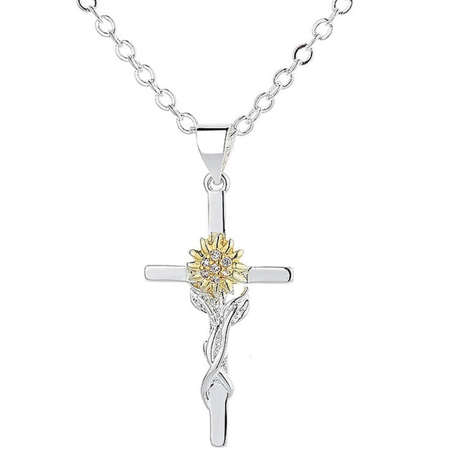 KAKOWELY Collar con colgante de cruz para mujer, collar de girasol, cadena de clavícula con flores para niña