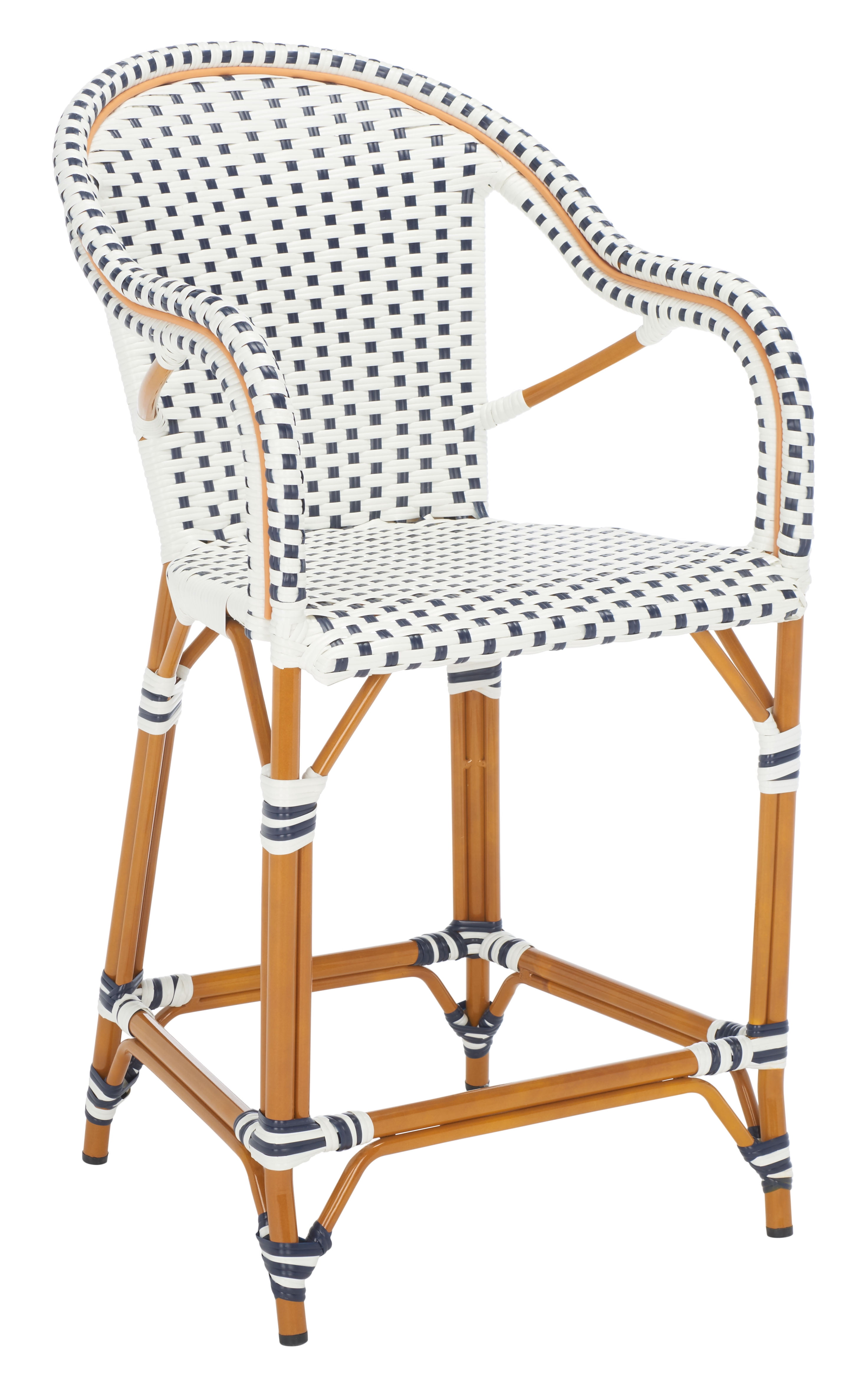 SAFAVIEH California Outdoor Patio Counter Stool w/ Arm, White/Navy