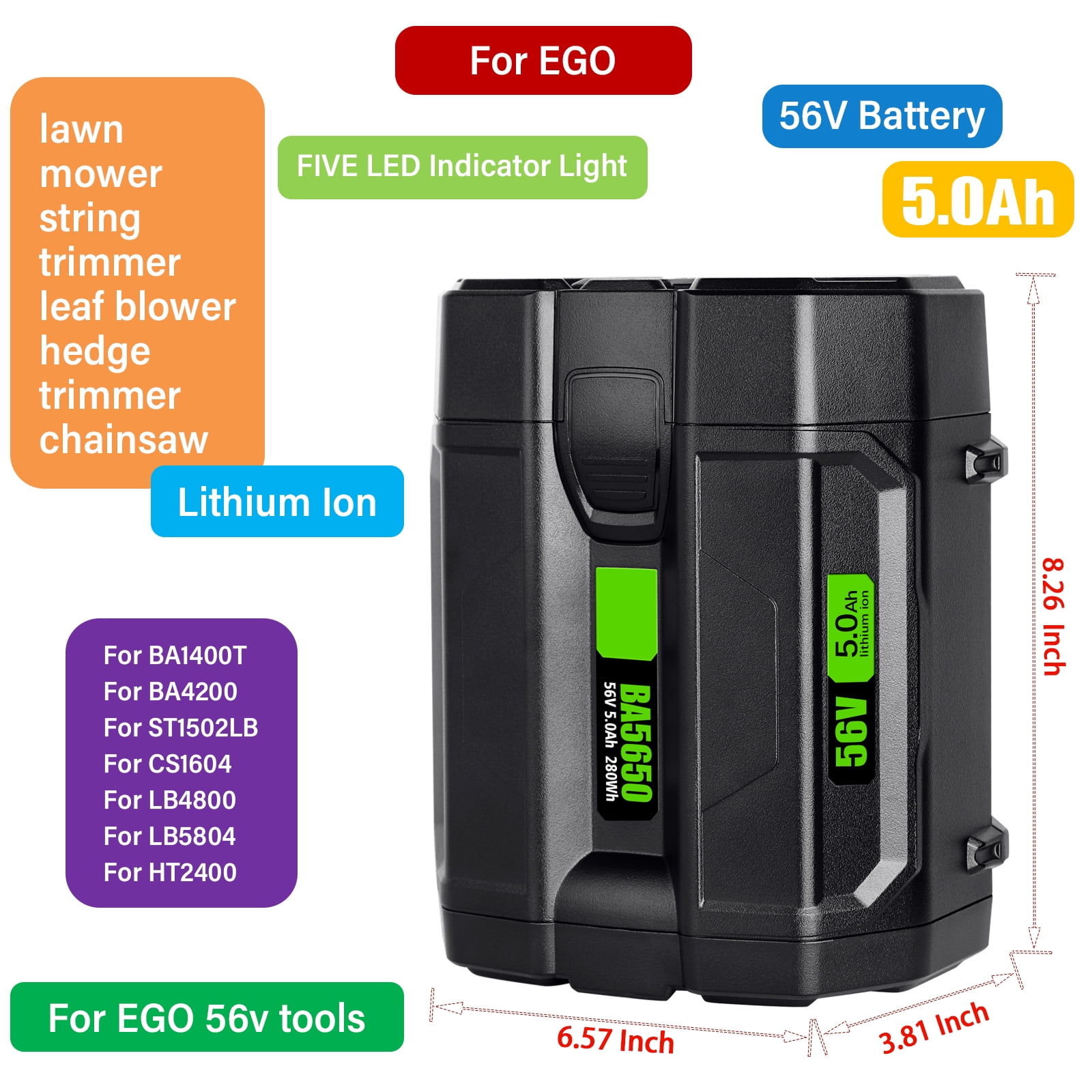 TenHutt 5.0Ah  Replacement  For Ego 56V Battery Lithium-Ion Compatible With All 56V Power Tool BA2800 BA4200 BA1400 CS1604  HT2400 LB6504 LB5804