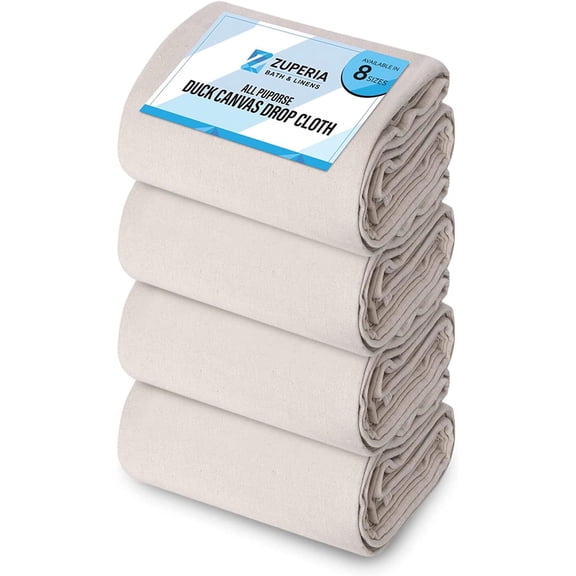 ZUPERIA Canvas Drop Cloth (Size 6 x 9 feet - Pack of 4) - Pure Cotton Multi-Purpose Drop Cloth for Painting, Furniture & Floor Protection - Thick Canvas Tarp with Double Stitched Edges
