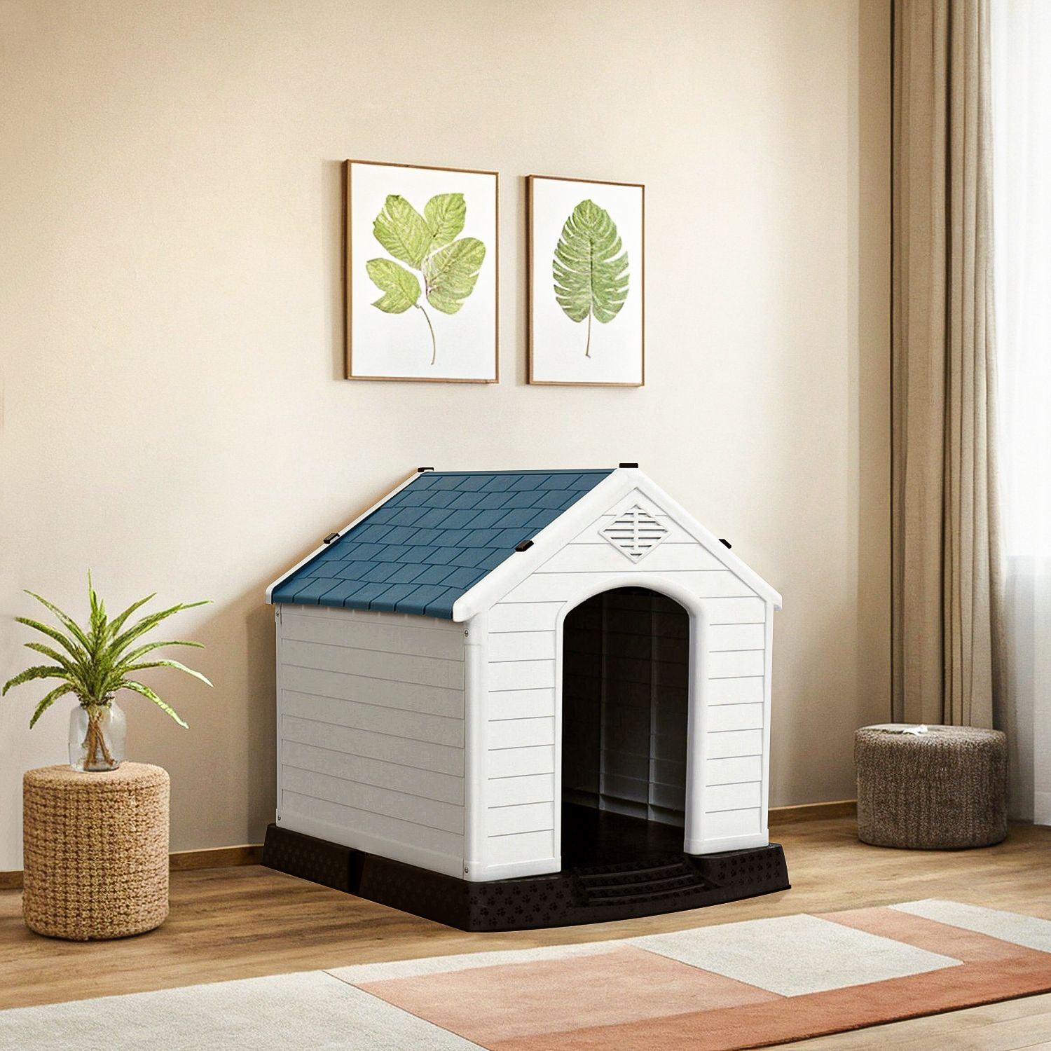 Pefilos 27" Outdoor Waterproof Dog House, Pet Houses for Small Dogs, Plastic Cat House with Ventilate, Indoor Puppy House, White
