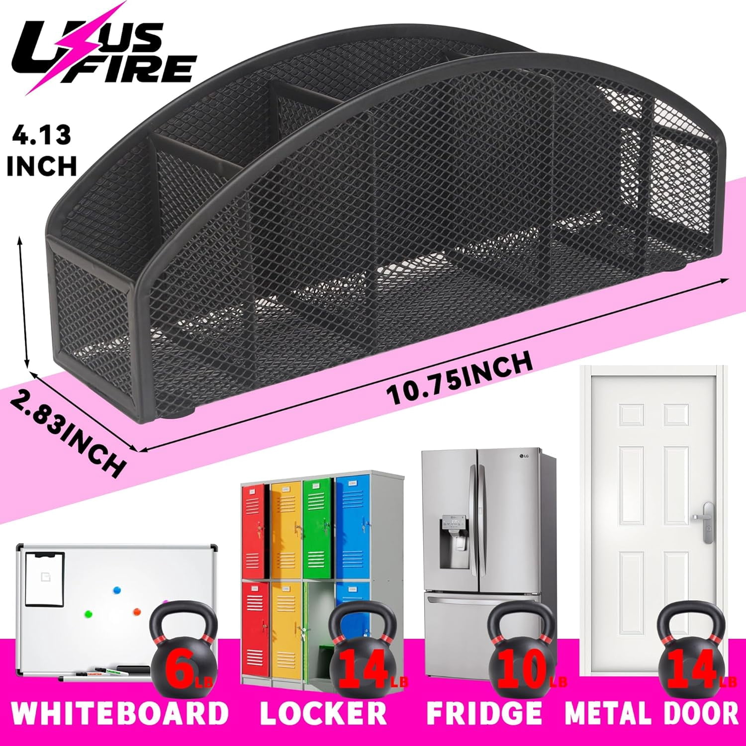 Large Magnetic Whiteboard Organizer 5-Slot Metal Mesh Dry Erase Marker Holder Heavy Duty Pencil Cup Caddy for Fridge Office Black