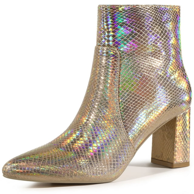 Unique Bargains Women's Pointed Toe Snake Print Chunky Heel Ankle Boots
