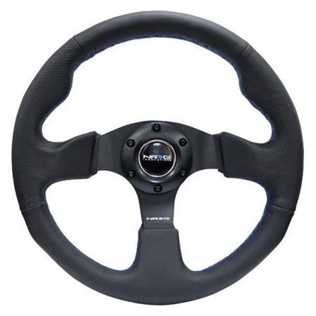 320 mm Blue Stitching with 3-Spoke Race Style Black Leather Reinforced Steering Wheel