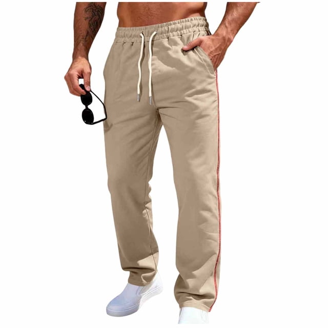 Lovzfmll Men's Solid Color Relaxed Fit Sweatpants, Elastic Drawstring Waist, Pockets, Straight-Leg for Comfort Khaki, M
