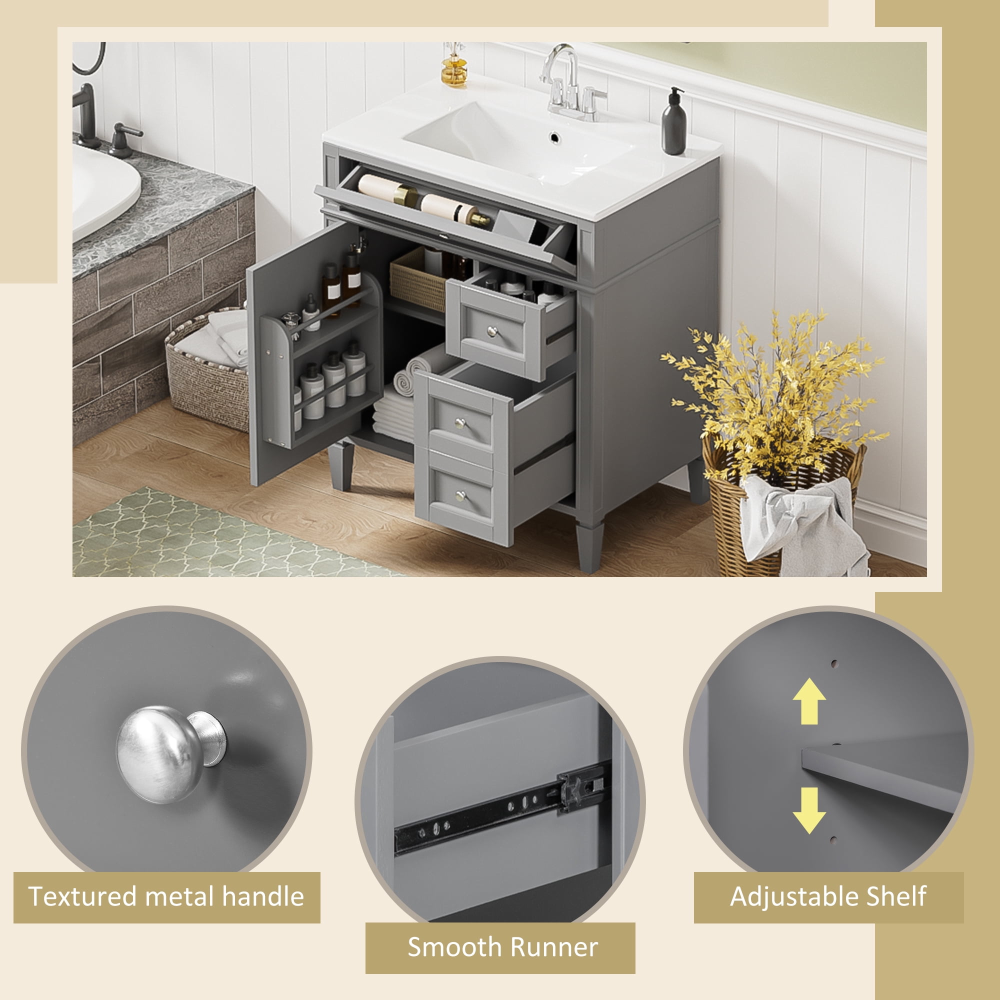 30" Bathroom Vanity with Top Sink, Modern Bathroom Storage Cabinet with 2 Drawers and a Tip-out Drawer, Single Sink Bathroom Vanity