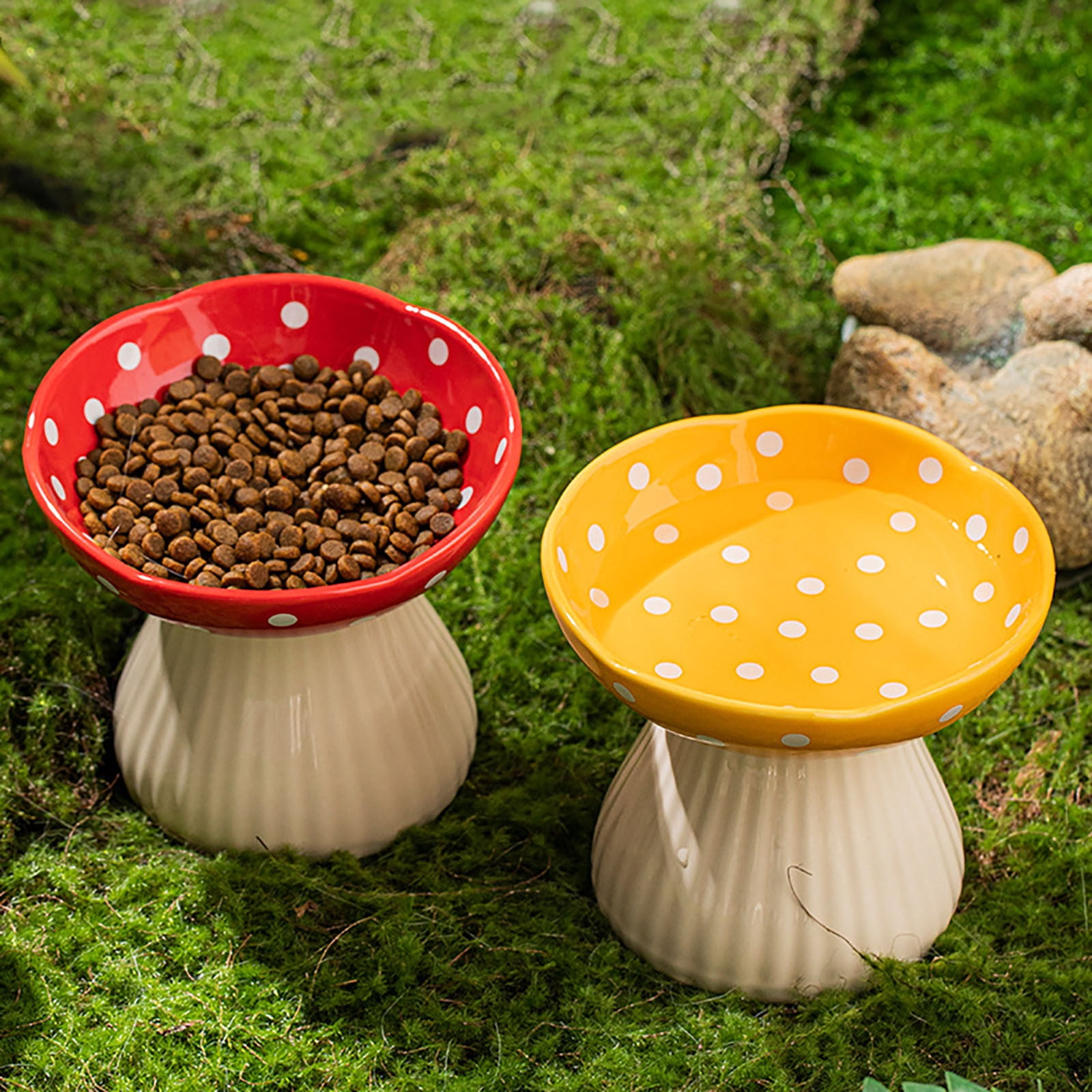 Elevated Ceramic Cat Dish for Whisker Fatigue Cute Raised Pet Food and Water Bowls with Non- Base