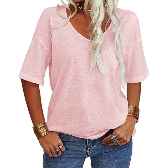 Vivianyo HD Women Top Clothes Plus Size Women Fashion Casual Solid Color Shirts Short Sleeve Loose Tee Tops V-neck Tops Blouse Flash Picks Pink