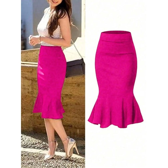 Hot Pink High Waist Knee-Length Fish Tail Skirt, Fitted Stretchy Polyester Blend Office & Commute Skirt