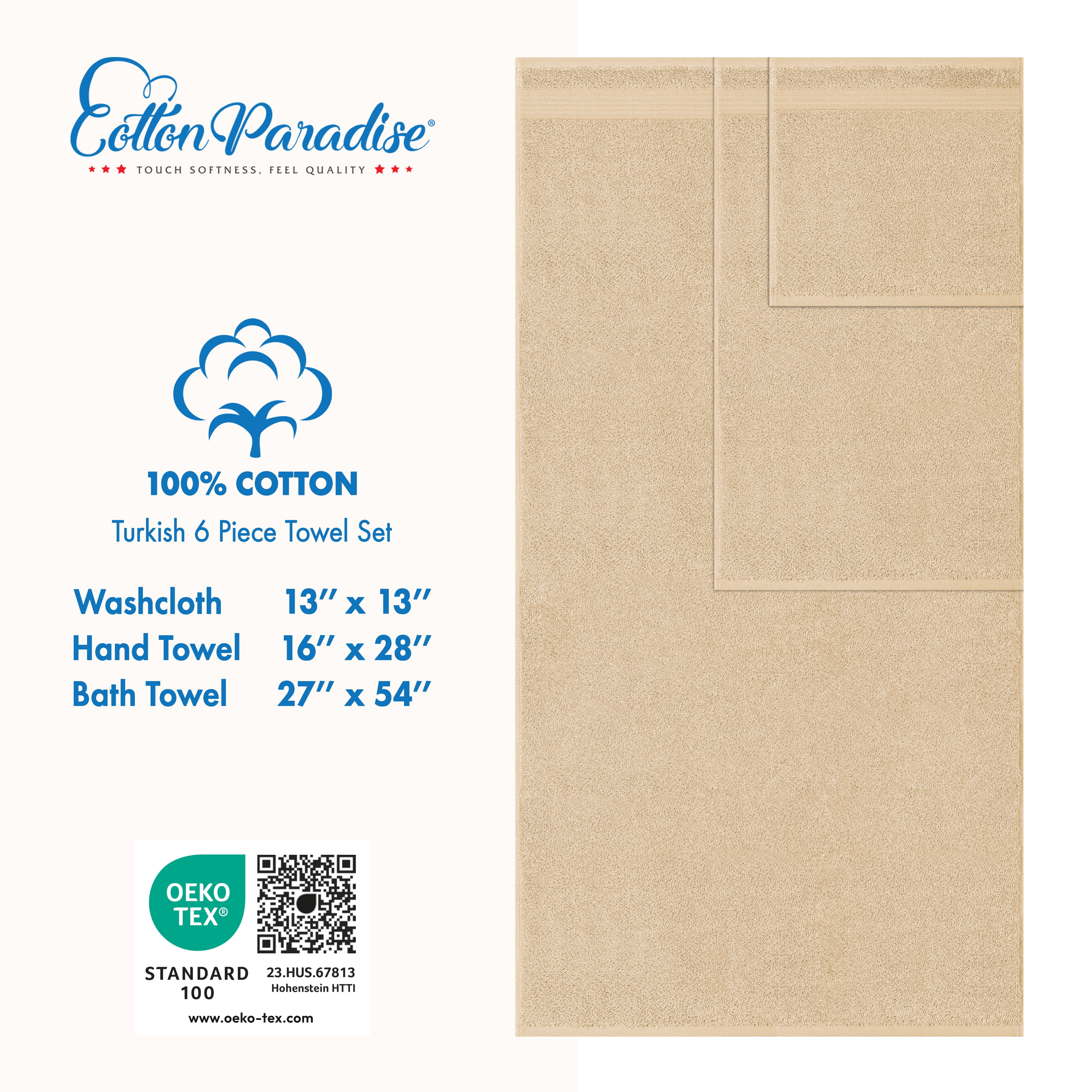 Cotton Paradise 100% Cotton 6 Piece Towel Set, Soft Absorbent Quick Dry Towels for Bathroom, Beige