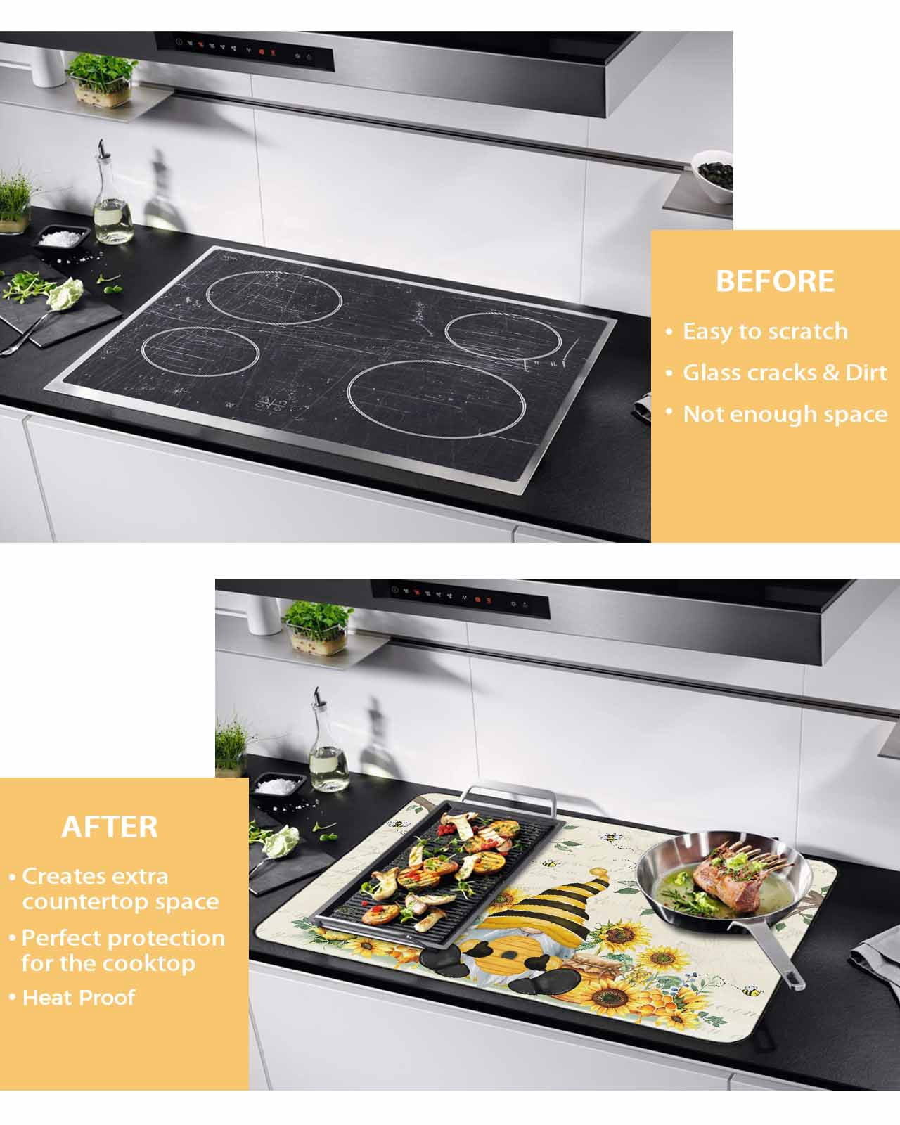Large Induction Cooktop Protector Mat Gnomes Sunflower Stove Top Covers for Electric Stove, Bees Branches Floral Elegant Pastoral Decorative Stove Burner Cover Mats, Glass Top Stove Cover
