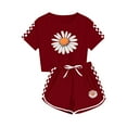thumbnail image 5 of EWASWON Kids Girls Clothes on Clea-rance,Summer Daisy Print Plaid Sleeve T-Shirt Tops and Elastic Shorts Pants Casual Outfits Set,Wine,Size 5 T, 5 of 8