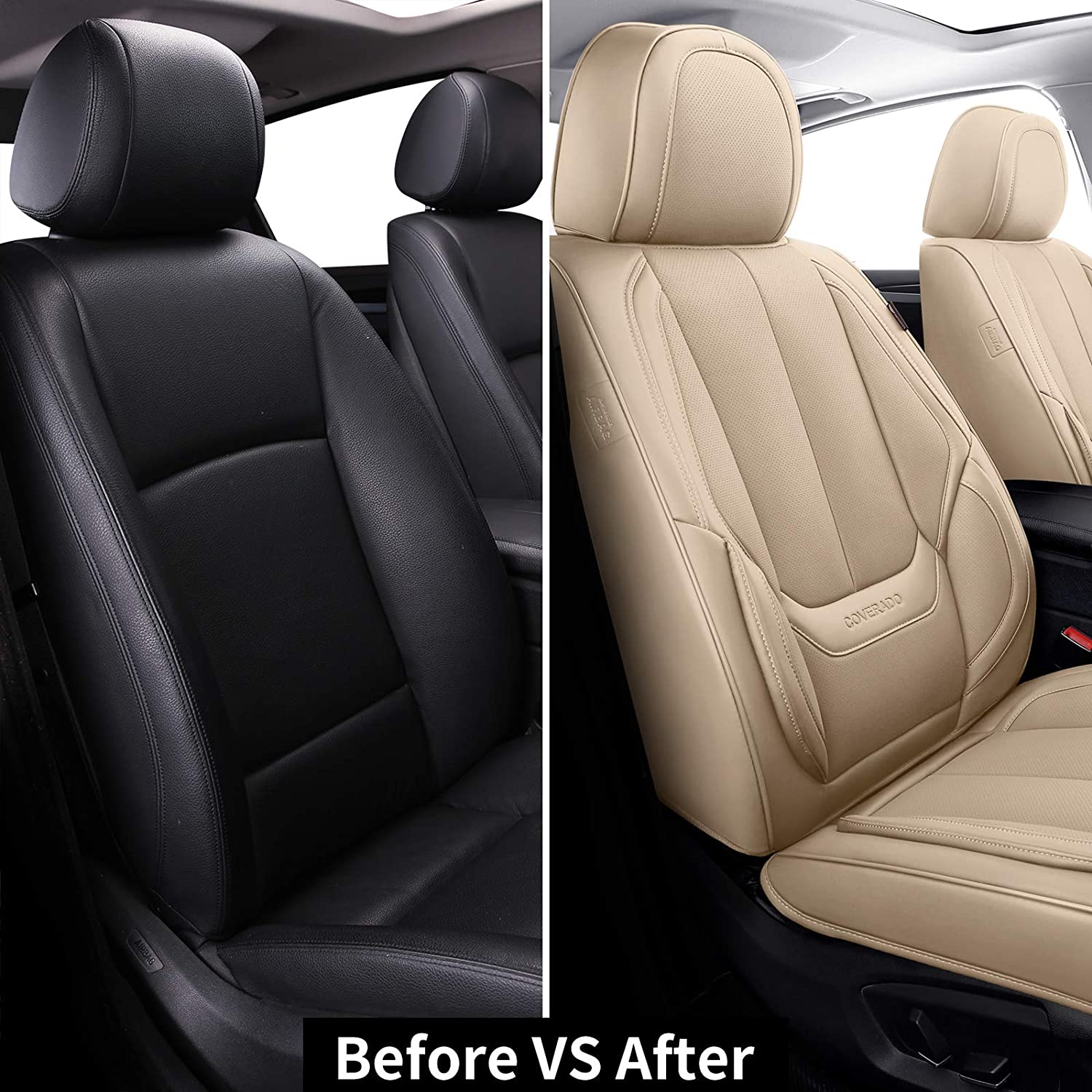 Coverado Beige Front Seat Covers, Faux Leather, Waterproof, Airbag Compatible photo 2
