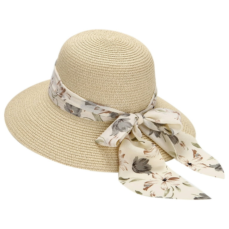Coxeer Straw Hat Fashion Foldable Wide Brim Bow Beach Sun Hat Fisherman Hat for Women, Women's, Size: One size, Beige