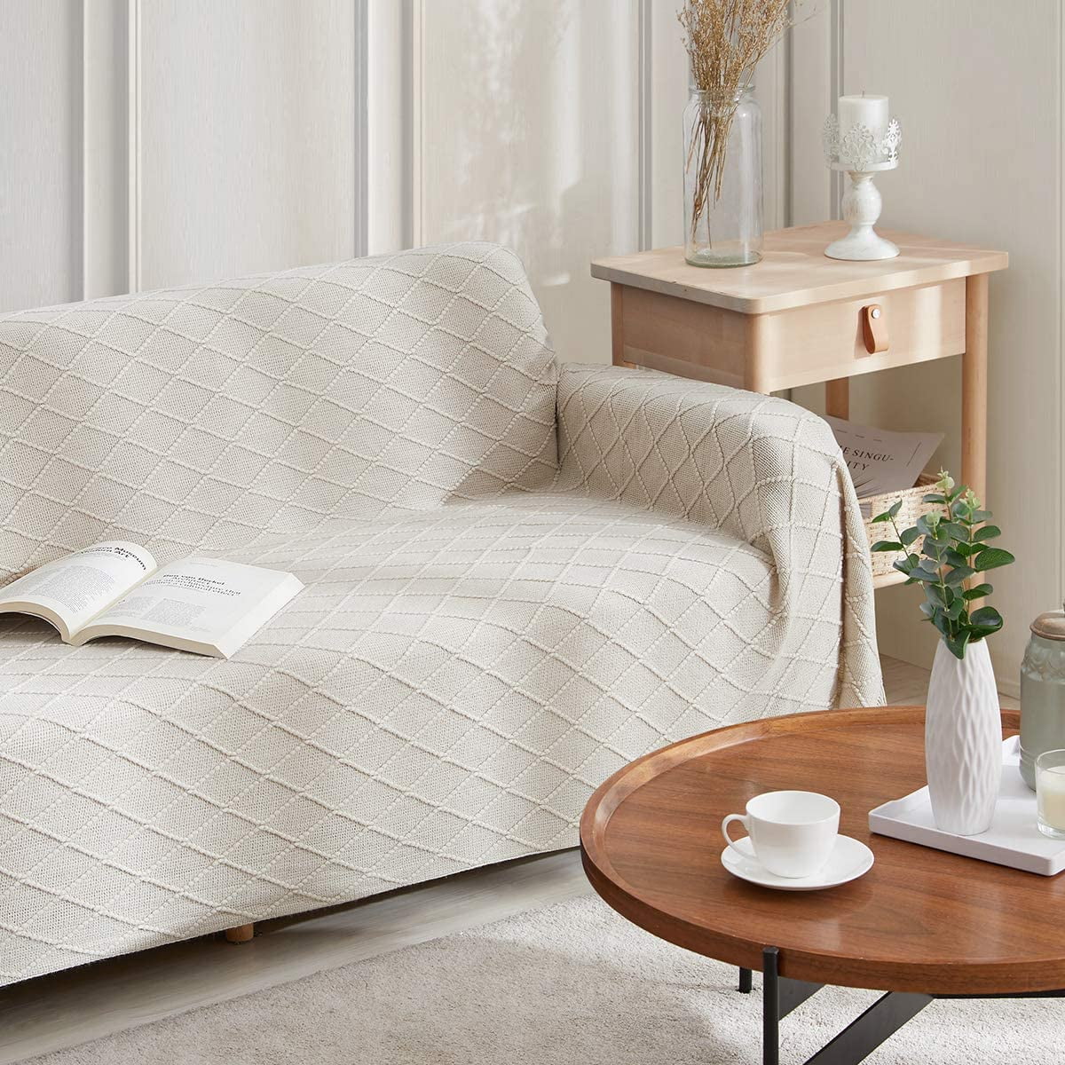HTOOQ Throw Blanket Textured Solid Soft Sofa Throw Bed Runner Couch Cover Knitted Decorative Blanket Bed Runner 5HTOOQ x9HTOOQ Beige