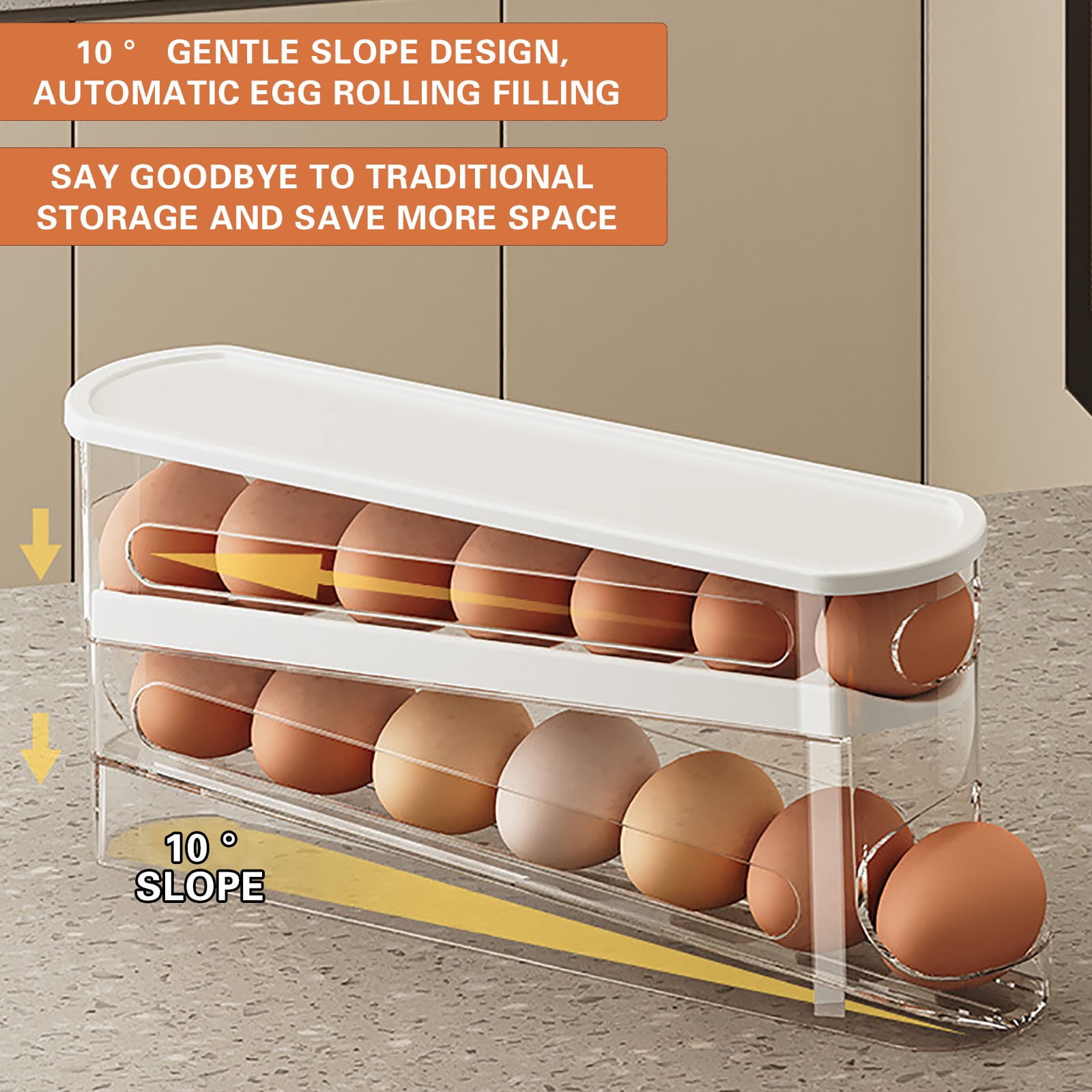 Bxaolu Auto Rolling Egg Dispenser for Refrigerator, Space-Saving Fridge Egg Organizers and Storage with Lid, Egg Tray Hold 16 Eggs for Countertop, Kitchen, Outdoor Use[2PCS]