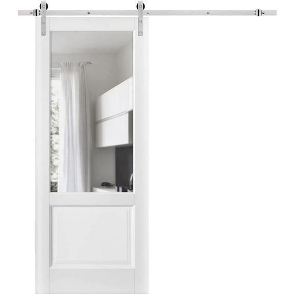 Sturdy Barn Door 36 x 96 inches | Lucia 1533 White Silk with Clear Glass | Stainless Steel 6.6FT Rail Hangers Heavy Set | Solid Panel Interior Doors