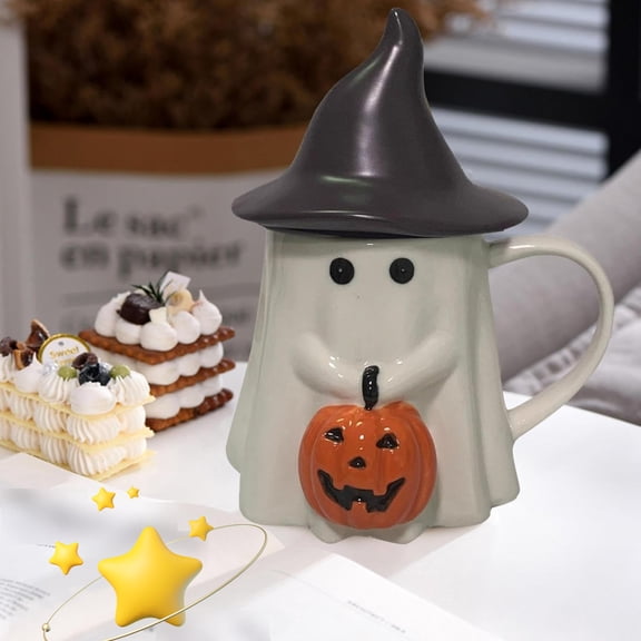 Ceramic ghost mug, Halloween Creative Spooky Cup with Cute Face, Cute Mug for Men, Women & Teens - Microwave & Dishwasher Safe (Without gold border)