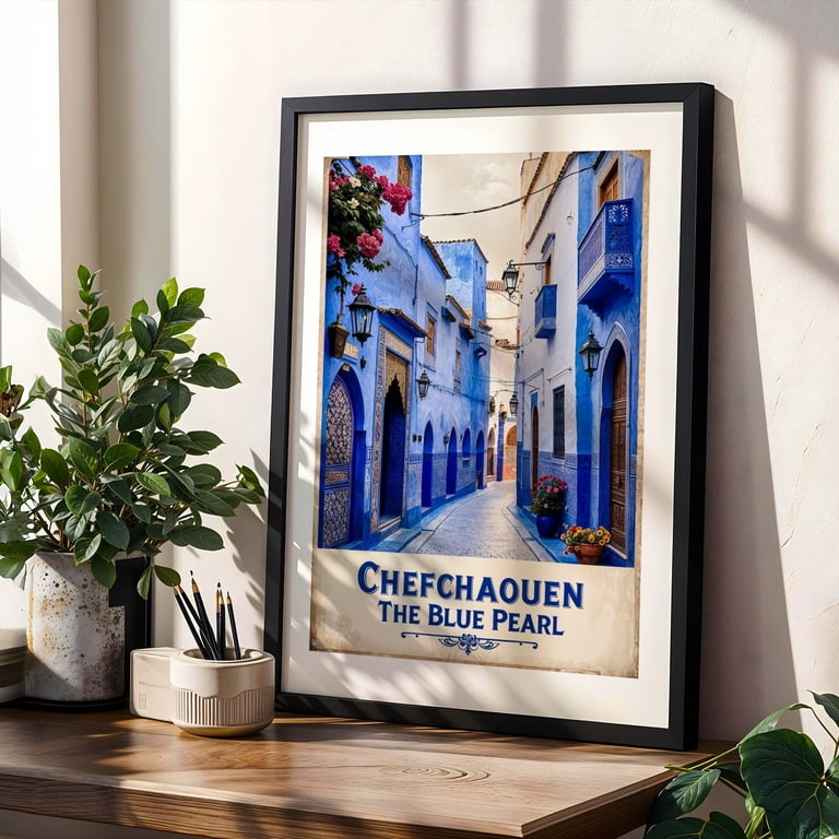 Chefchaouen Vintage Poster – Moroccan Blue Pearl Art - Chefchaouen