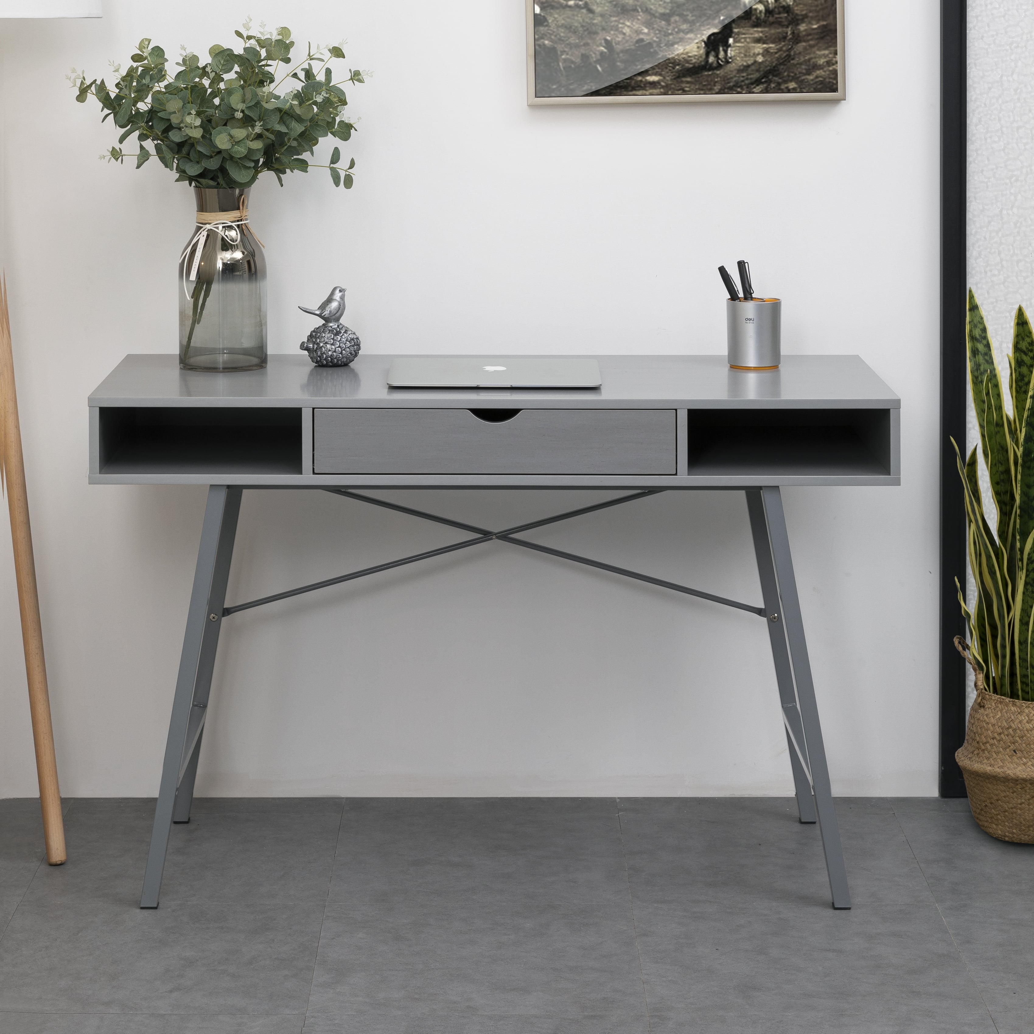 FESTIVO 47 in. Rectangular Grey 1 Drawer Writing Desk with BuiltIn