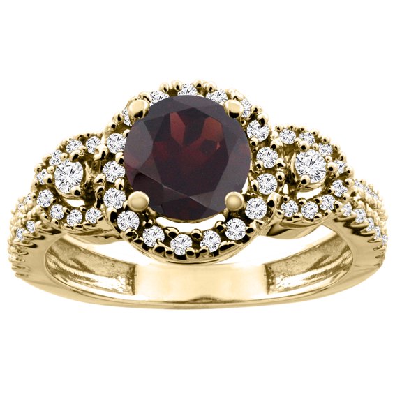 14K Yellow Gold Diamond Halo Natural Garnet Ring Round 6mm, size 5