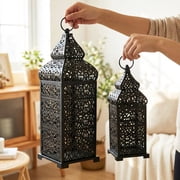 Temple Moroccan Style Lantern Decorative Candle Holder for Home Decor, Black, Set of 2