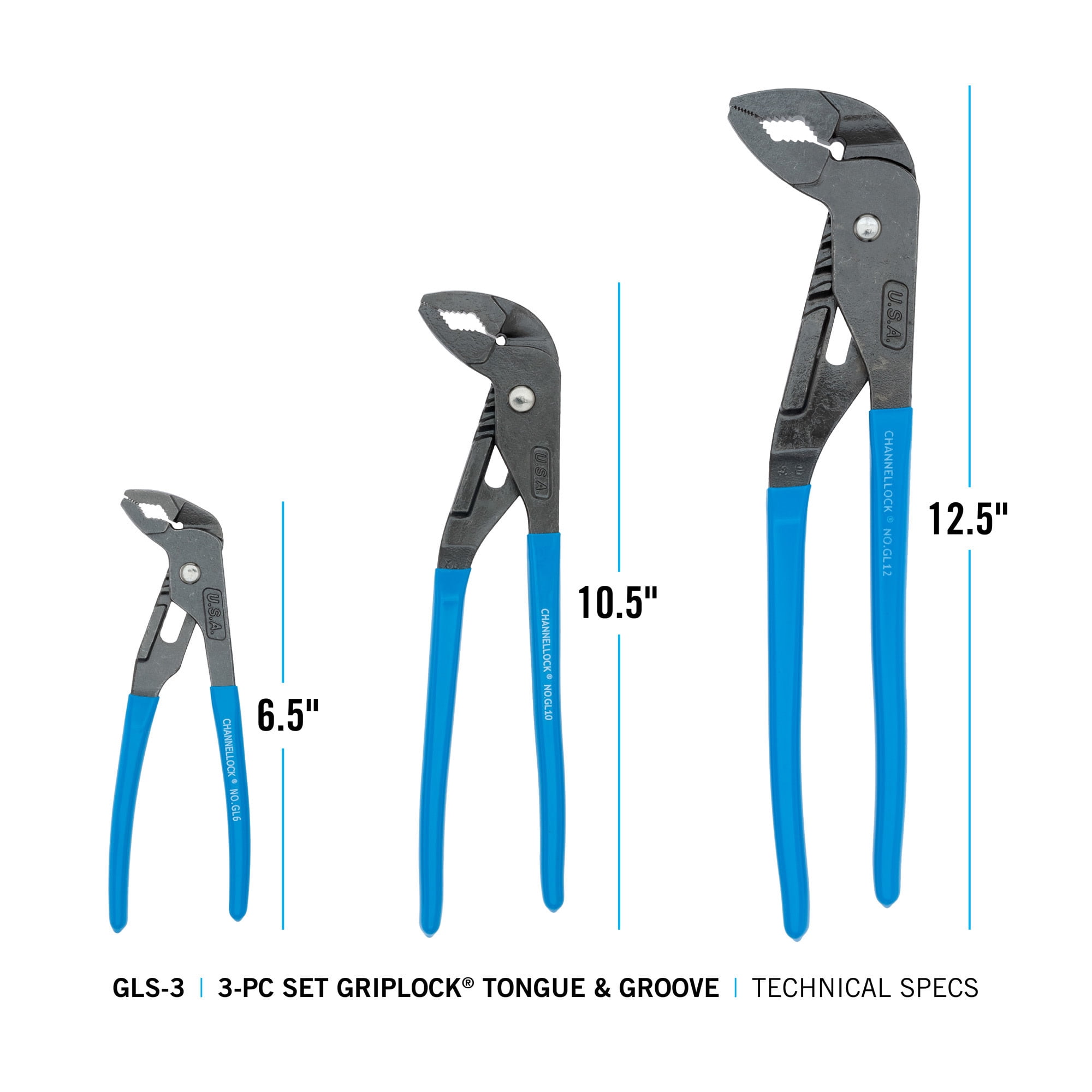 CHANNELLOCK GRIPLOCK Tongue & Groove Pliers Set, Includes 6.5, 9.5 and 12.5 inch Pliers, Offset Jaw Design, Made in USA, 3-tool set (GLS-3)