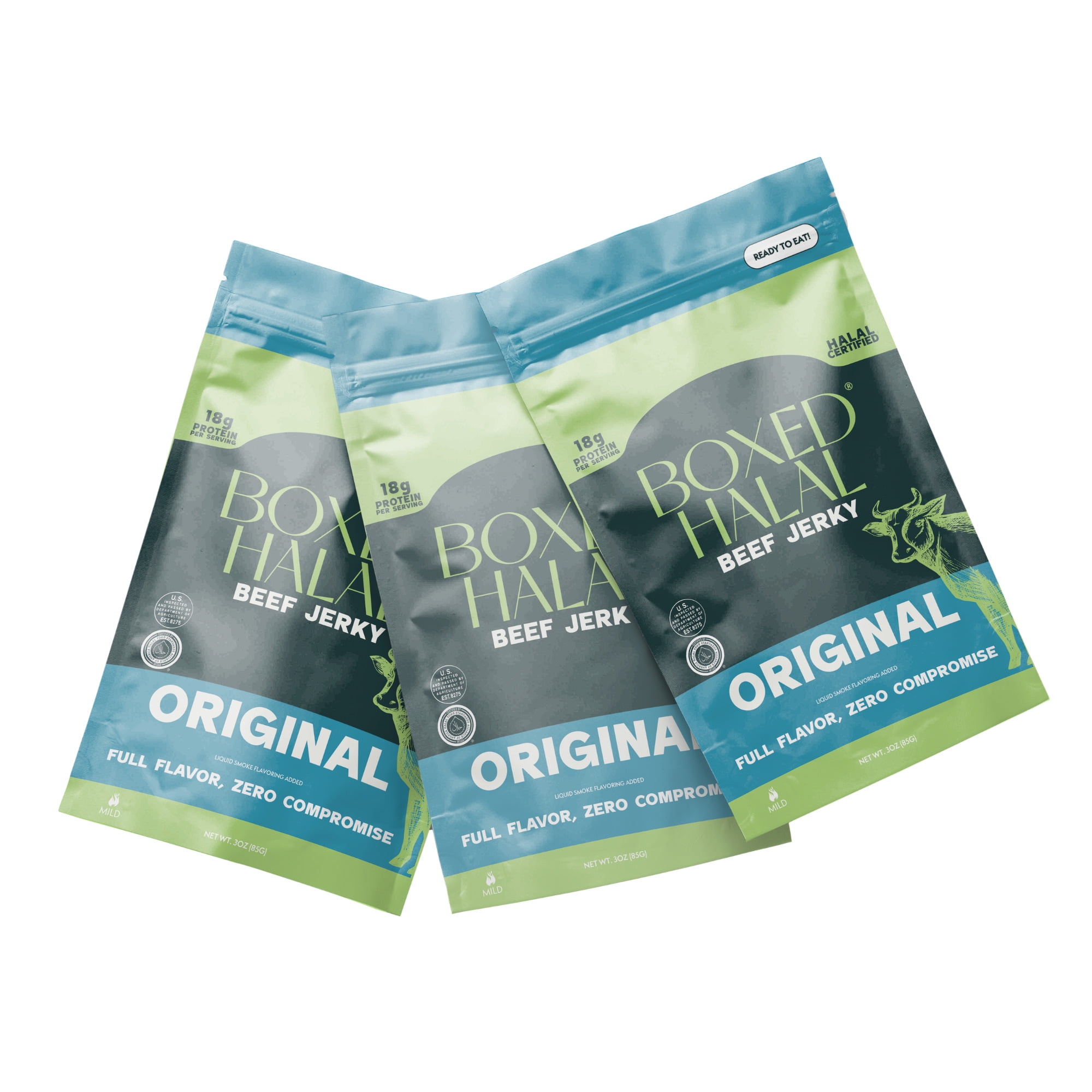 BOXED HALAL Premium 100% Grass-Fed Original Beef Jerky Strips, 13g Protein, , HFSAA Certified Halal, Keto Friendly Snack, 3 Oz. Bags (3 Pack)