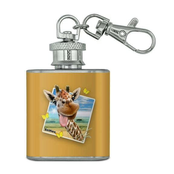 Giraffe Selfie Picture Stainless Steel 1oz Mini Flask Key Chain