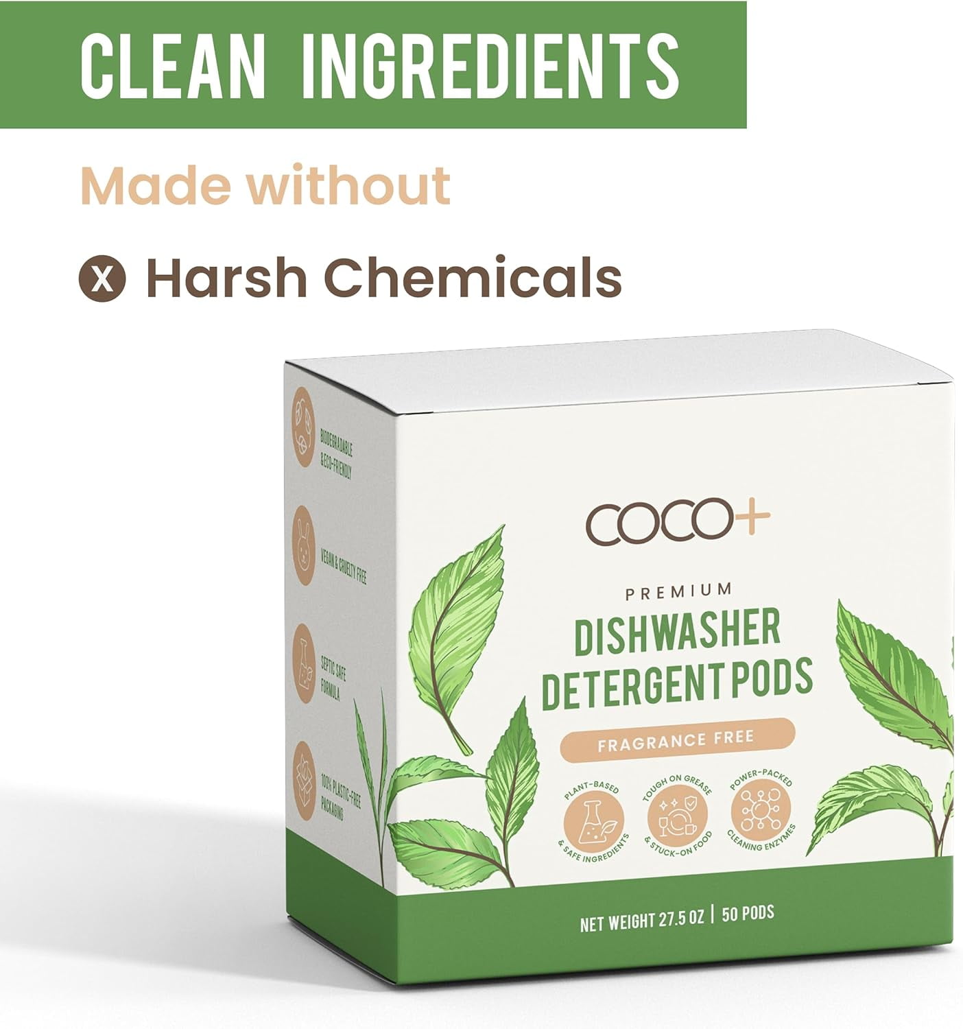 Dishwasher Detergent Pods - Nano-Concentrated Enzymes Power with Rinse Aid & Hard Water Protection - Sparkling, Spotless Dishes - 50 Pods (Fragrance Free)