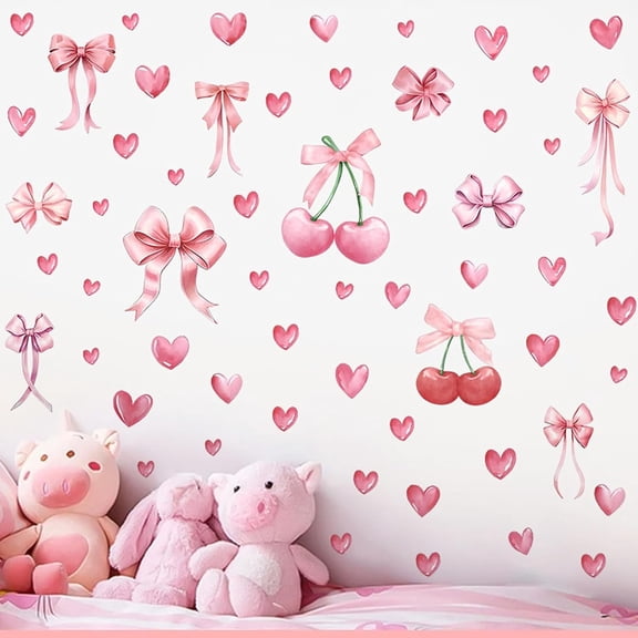 Farcauo 58pcs Bowtie and Cherry Room Decor Pink Wall Stickers and Decals for Bedroom Bathroom and Living Room Cherry Wall Sticker and Decal Bow Decor