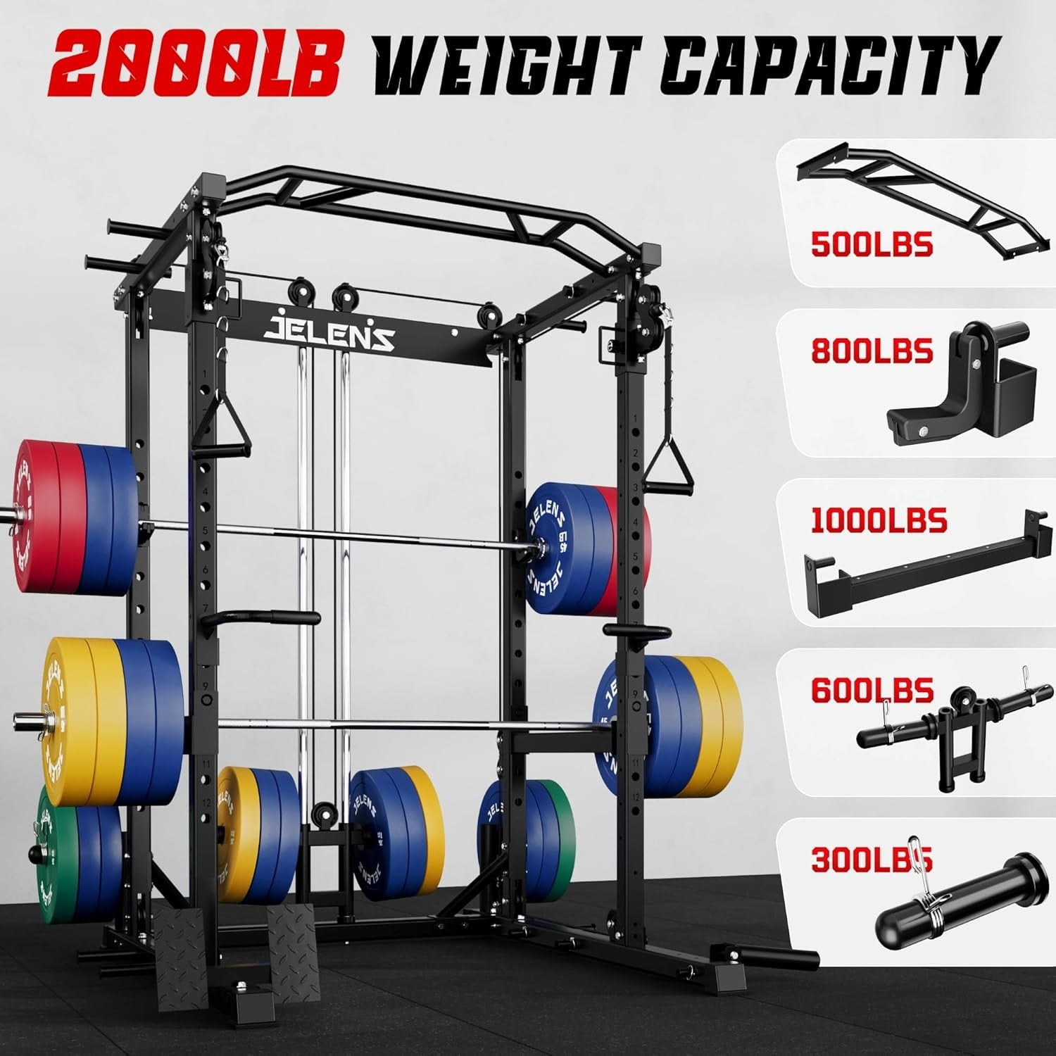 Squat Rack for Home Gym, 2000LBS Power Rack with Adjustable Pulley System, Power Cage Workout Equipment with LAT Pulldown and Training Attachment