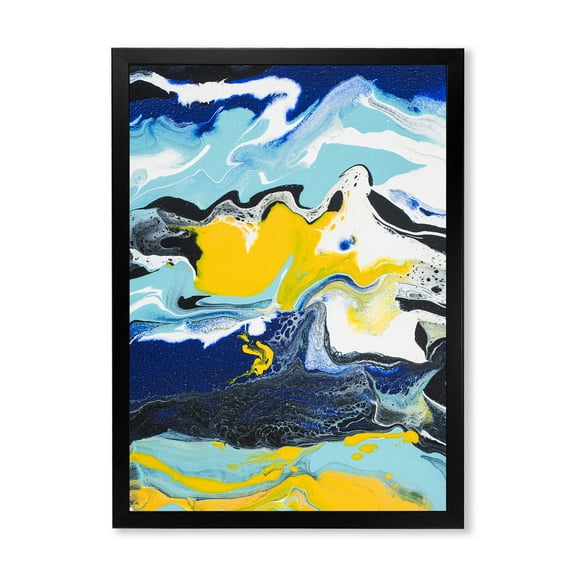 Designart 'Abstract Marble Composition In Blue and Yellow II' Modern Framed Art Print