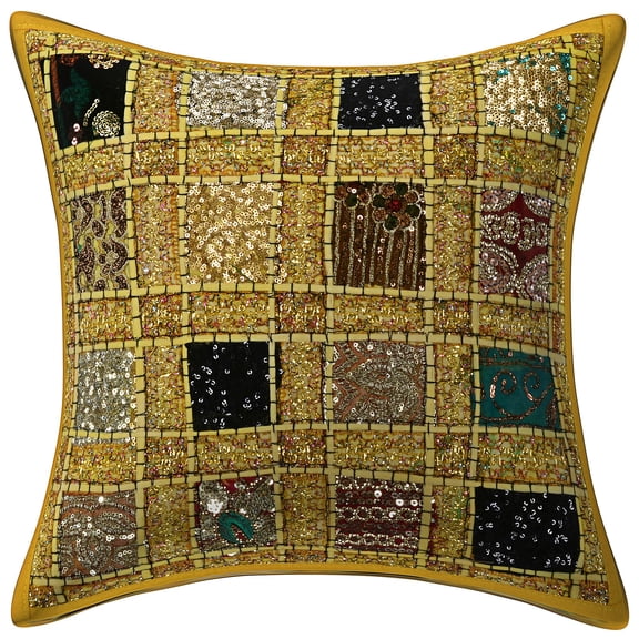 Stylo Culture Ethnic Settee Sofa Throw Pillow Cover 16x16 Patchwork Embroidered Yellow Sequins 40 x 40 cm Home Decor Cotton Geometric Square Cushion Cover | 1 Pc
