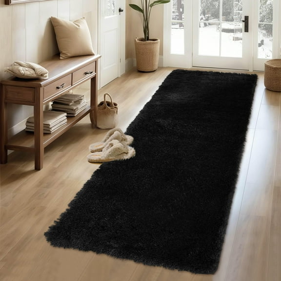 HOMERRY Plush Polyester Shag Area Rug 2'x 8' Fluffy Runner Rug Plush Decorative Runner Rug for Indoor Home Floor Carpet, Black