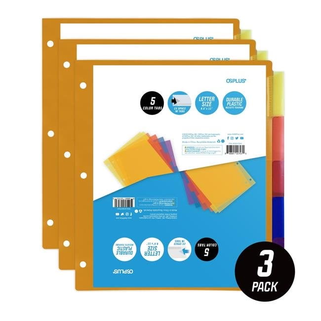 OS Plus OSD5T0M3 5-Tab Plastic Binder Dividers & Insertable Multicolor Big Tabs - Set of 3