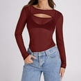 thumbnail image 2 of Lace Mesh Sheer Long Sleeve Tops for Women Crew Neck Cut Out Front Side Ruched Asymmetrical Hem Party Clubwear Fitted Tight T Shirts Blouses Red L, 2 of 5