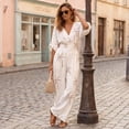 thumbnail image 6 of Summer Jumpsuit for Women V Neck Ruched High Waist Linen Wide Leg One Piece Outfit for Casual Summer Wear, 6 of 7