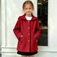 thumbnail image 2 of Girls Hooded Single Coat, Kids Solid Color Mid Length Button Down Trench Outerwear, Long Sleeve Warm Overcoat with Side Pockets for Fall Winter(Red,12-13 Years), 2 of 6