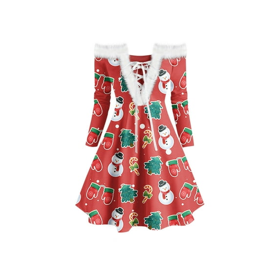 Seyurigaoka Winter Women Juniors Long Sleeve Dress Off-shoulder Christmas Element Printed Dress