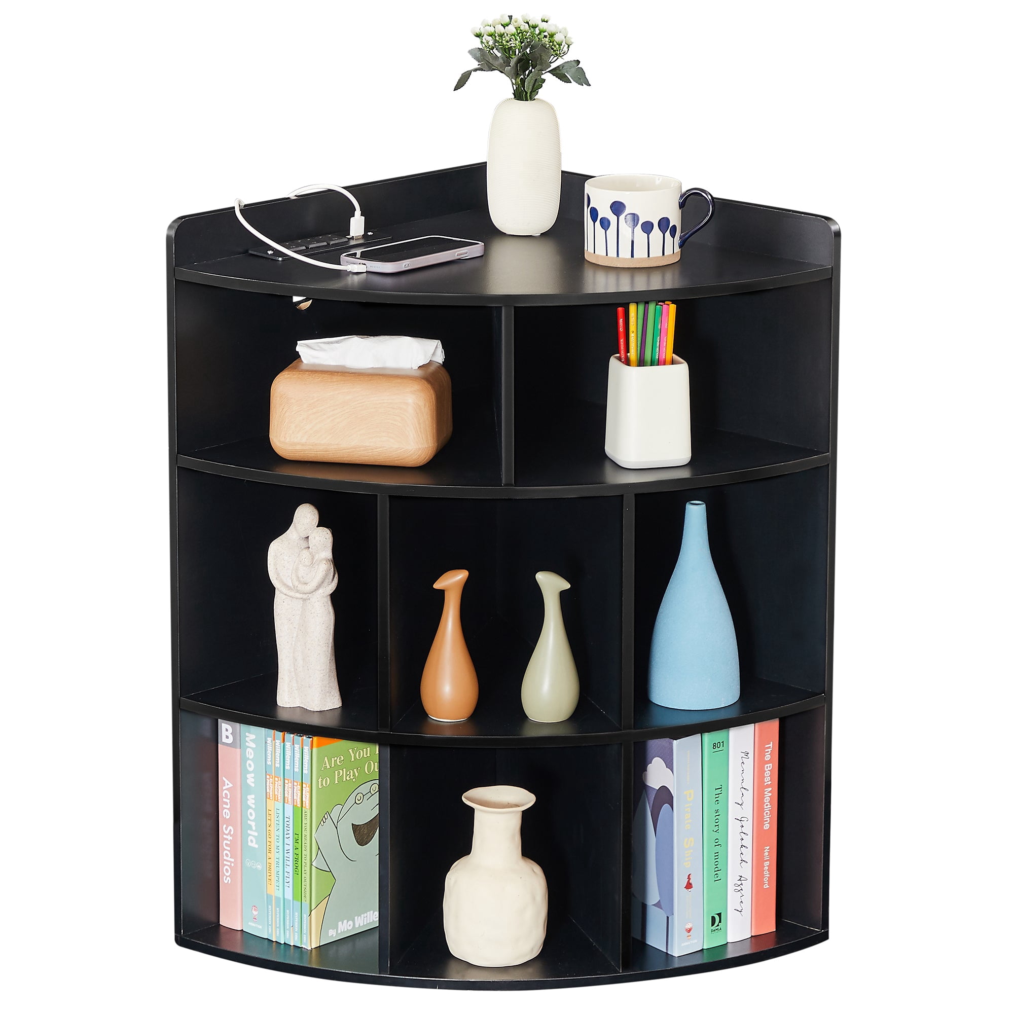VECELO 4Tier Corner with Charging Station, 8Cubby Wooden