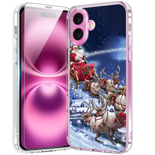 Funda Bicolor de Navidad para iPhone 16 Plus con Protector de Pantalla