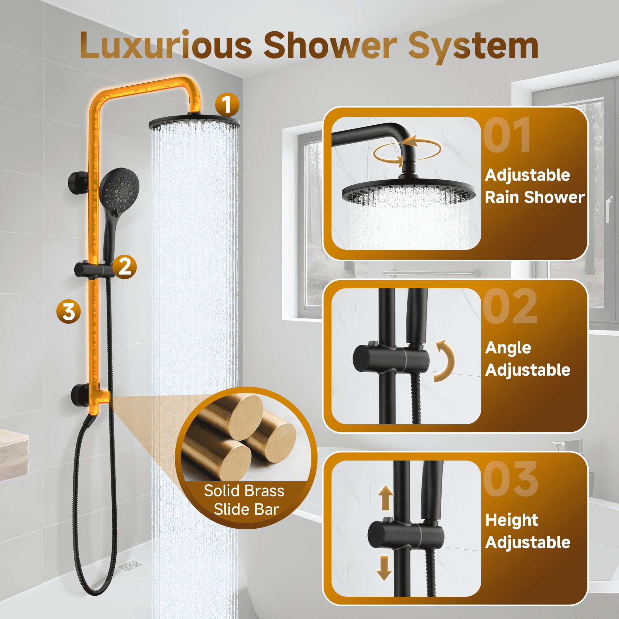 Bright Showers Rain Shower Heads System, Rainfall & Handheld Shower Combo with Height Adjustable Holder, Solid Brass Rail, 60" Long Hose, Chrome
