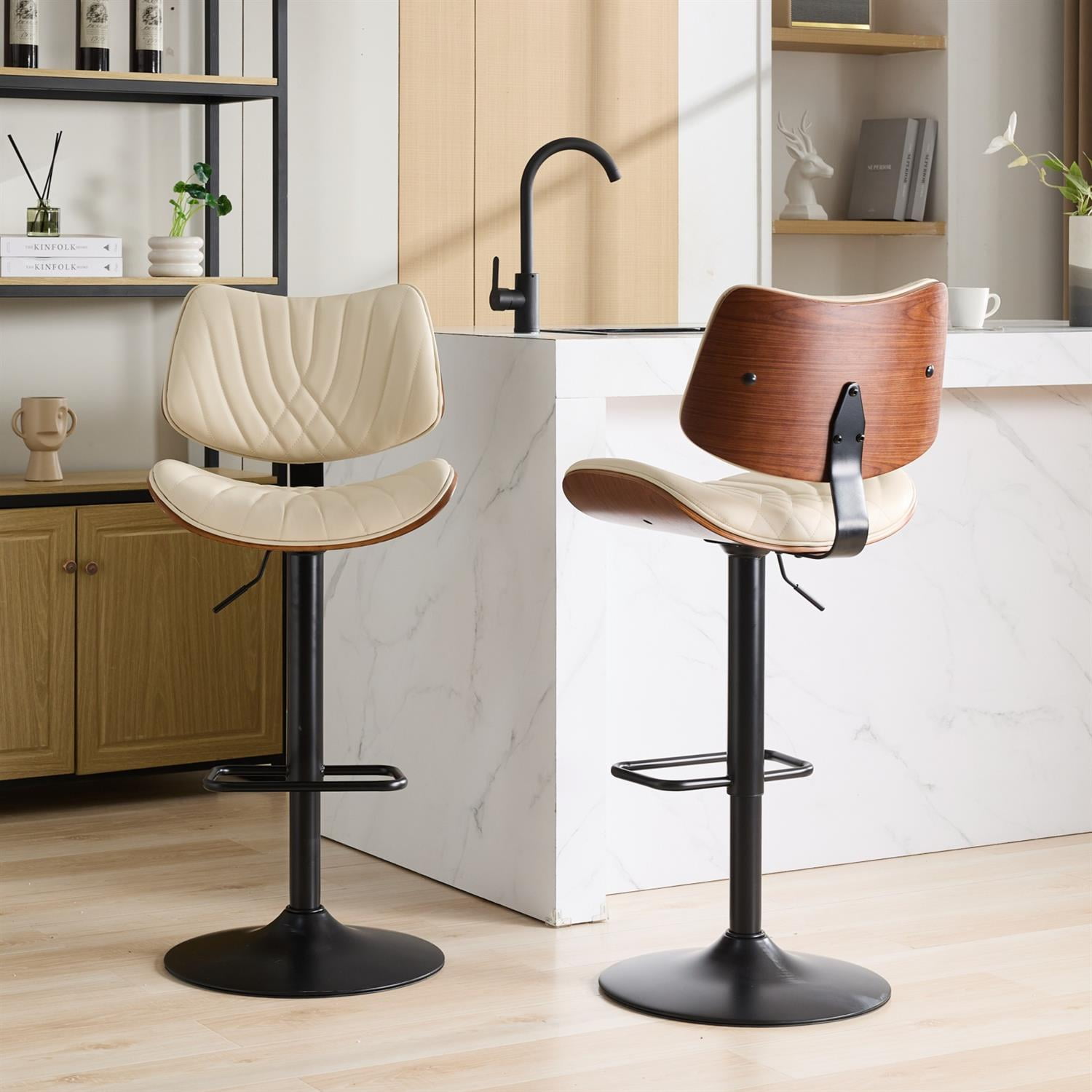 Demi Bonn 46" Adjustable Counter Height Walnut Bentwood Bar Stool Set of 2 with 360° Swivel, Black Leather Upholstery for Kitchen, Dining Room, Beige