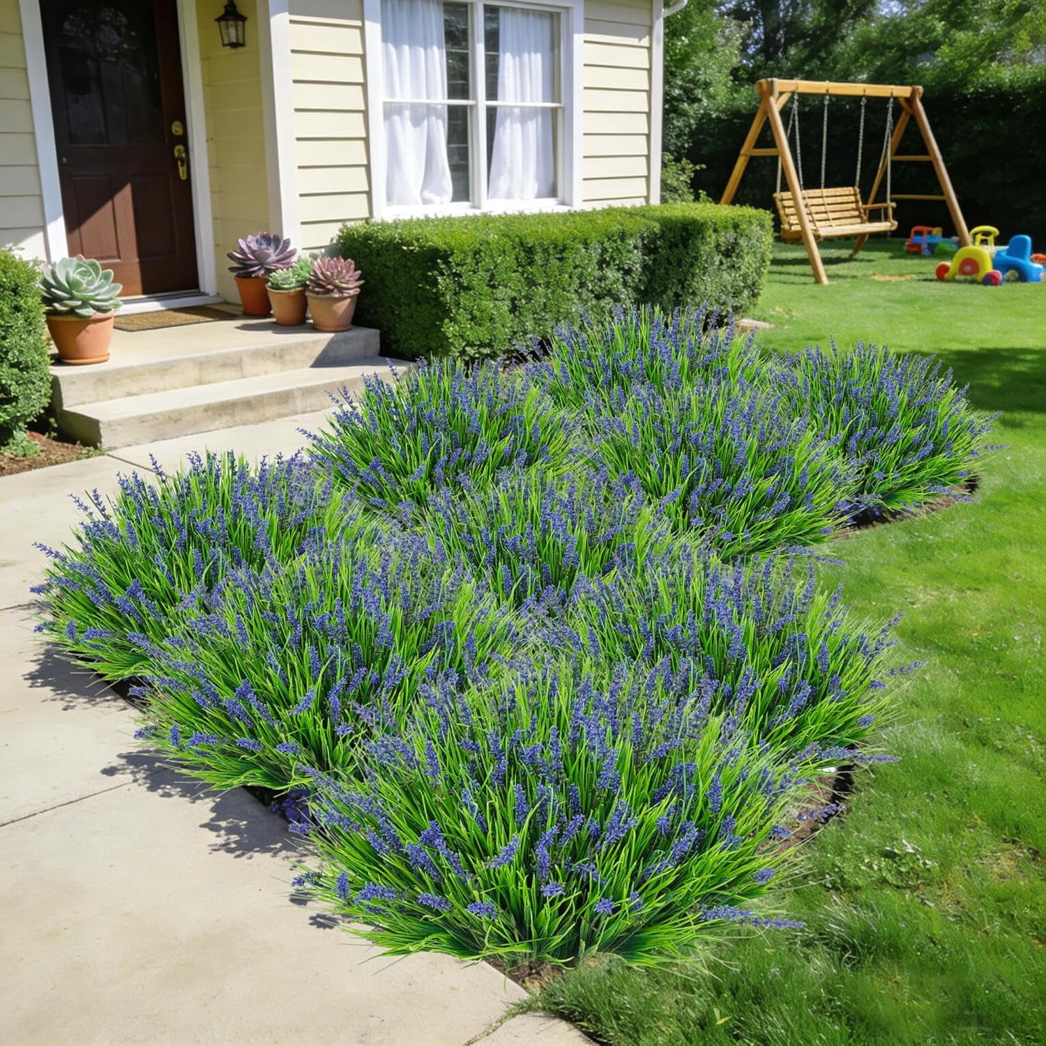 24 Bundles Artificial Plants Flowers Outdoor, Faux Lavender Fake Monkey Grass UV Resistant Plastic Plant for Porch Garden Patio Window Home Decor, Purple