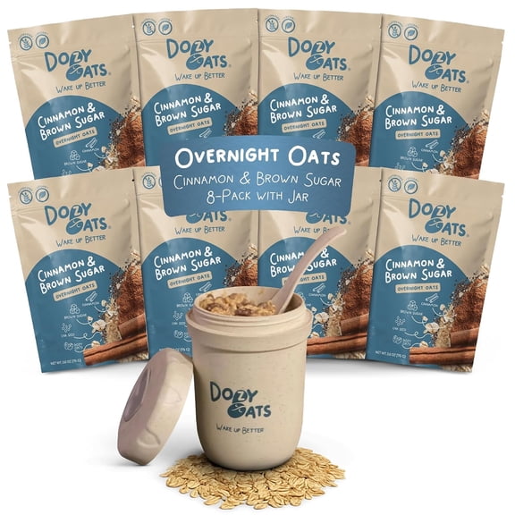 Dozy Oats Cinnamon & Brown Sugar Overnight Oats Multipack, 8 Pack with Jar, Gluten Free Oatmeal, High Fiber Breakfast